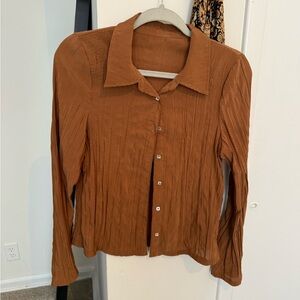 Classic Button-Front Long-Sleeve Top in Rust